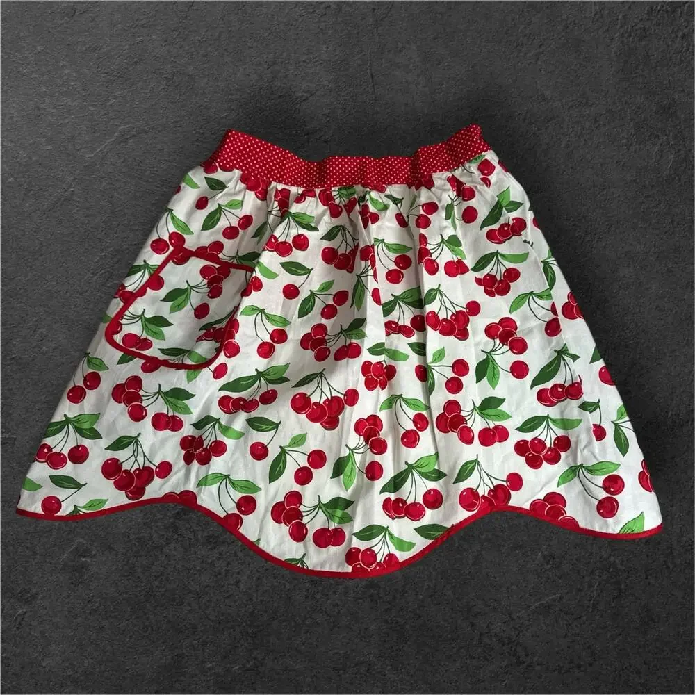 Foxglove Cottage Cherry Print Waist Apron White Red Retro Cottagecore Cottage